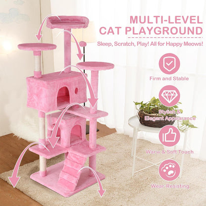 54'' Tall Cat Tree for Indoor Cats, Multi-Level Furniture with 3 Scratching Post, Stand Platform and 2 Condo, Tower Funny Toys, Corner Towers Large Pink