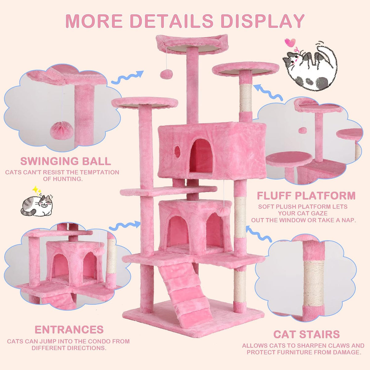 54'' Tall Cat Tree for Indoor Cats, Multi-Level Furniture with 3 Scratching Post, Stand Platform and 2 Condo, Tower Funny Toys, Corner Towers Large Pink