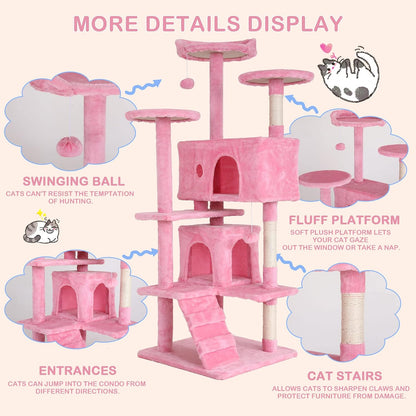 54'' Tall Cat Tree for Indoor Cats, Multi-Level Furniture with 3 Scratching Post, Stand Platform and 2 Condo, Tower Funny Toys, Corner Towers Large Pink