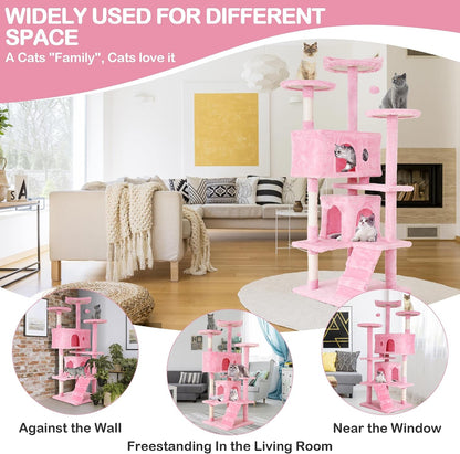 54'' Tall Cat Tree for Indoor Cats, Multi-Level Furniture with 3 Scratching Post, Stand Platform and 2 Condo, Tower Funny Toys, Corner Towers Large Pink