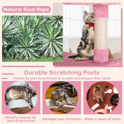54'' Tall Cat Tree for Indoor Cats, Multi-Level Furniture with 3 Scratching Post, Stand Platform and 2 Condo, Tower Funny Toys, Corner Towers Large Pink