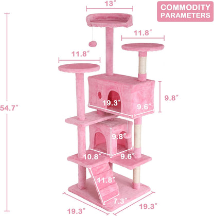 54'' Tall Cat Tree for Indoor Cats, Multi-Level Furniture with 3 Scratching Post, Stand Platform and 2 Condo, Tower Funny Toys, Corner Towers Large Pink