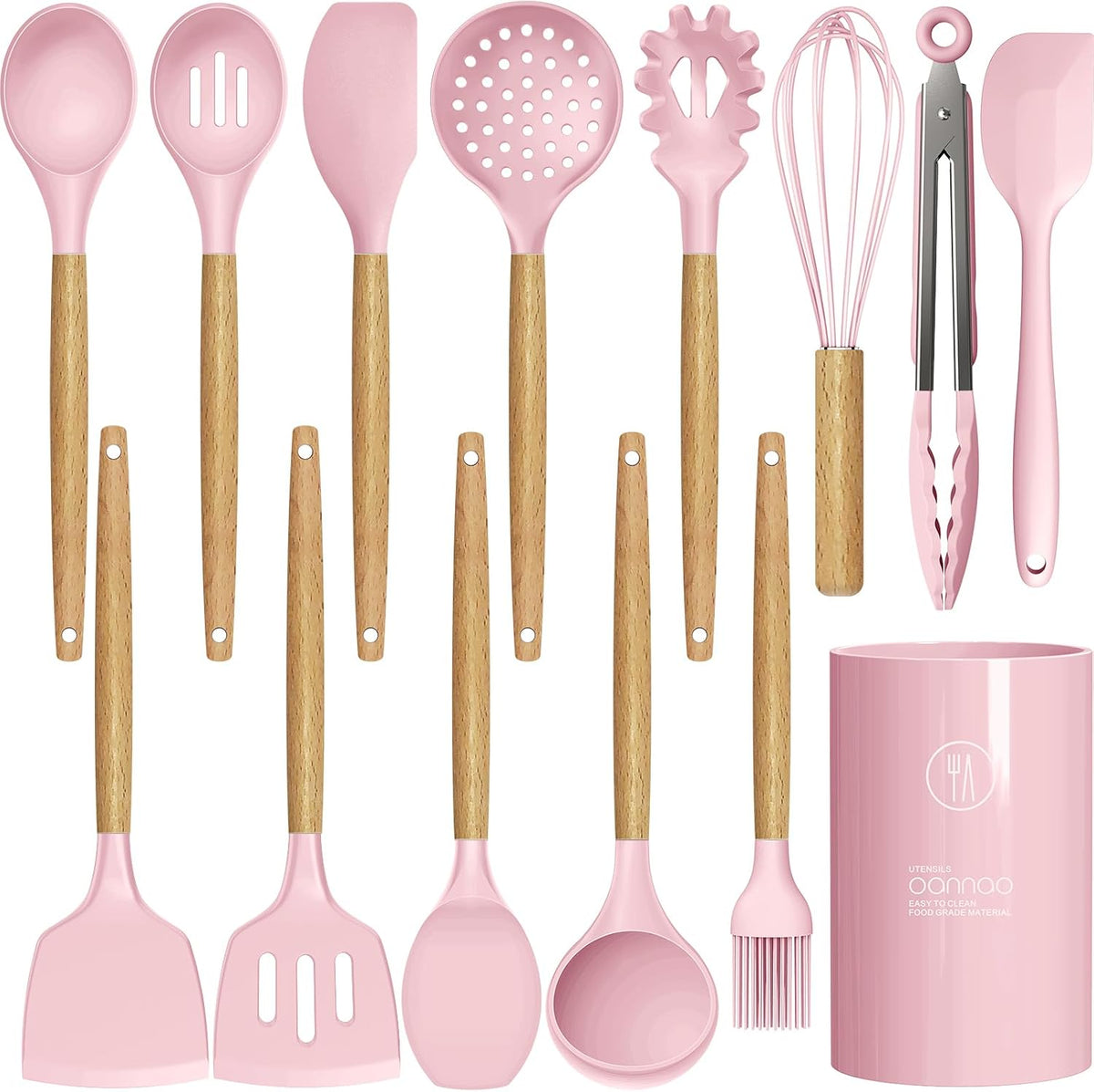 Silicone Kitchen Utensils Set - 446°F Heat Resistant Cooking Utensil Sets, Spatula,Turner,Tongs,Spoon,Whisk, Wooden Handle Silicone Kitchen Gadgets Tools for Non-Stick Cookware BPA Free (Pink)