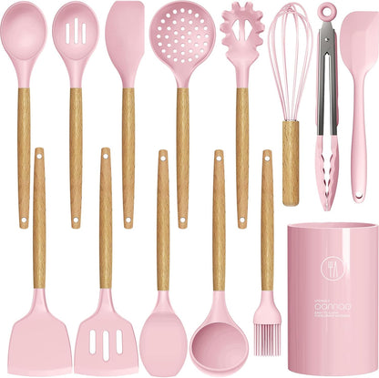Silicone Kitchen Utensils Set - 446°F Heat Resistant Cooking Utensil Sets, Spatula,Turner,Tongs,Spoon,Whisk, Wooden Handle Silicone Kitchen Gadgets Tools for Non-Stick Cookware BPA Free (Pink)