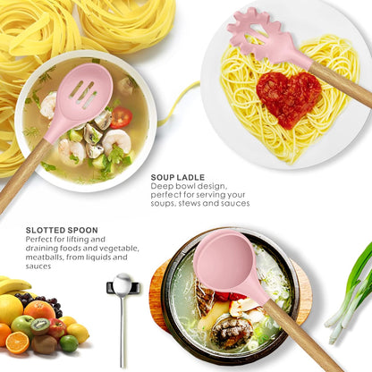 Silicone Kitchen Utensils Set - 446°F Heat Resistant Cooking Utensil Sets, Spatula,Turner,Tongs,Spoon,Whisk, Wooden Handle Silicone Kitchen Gadgets Tools for Non-Stick Cookware BPA Free (Pink)