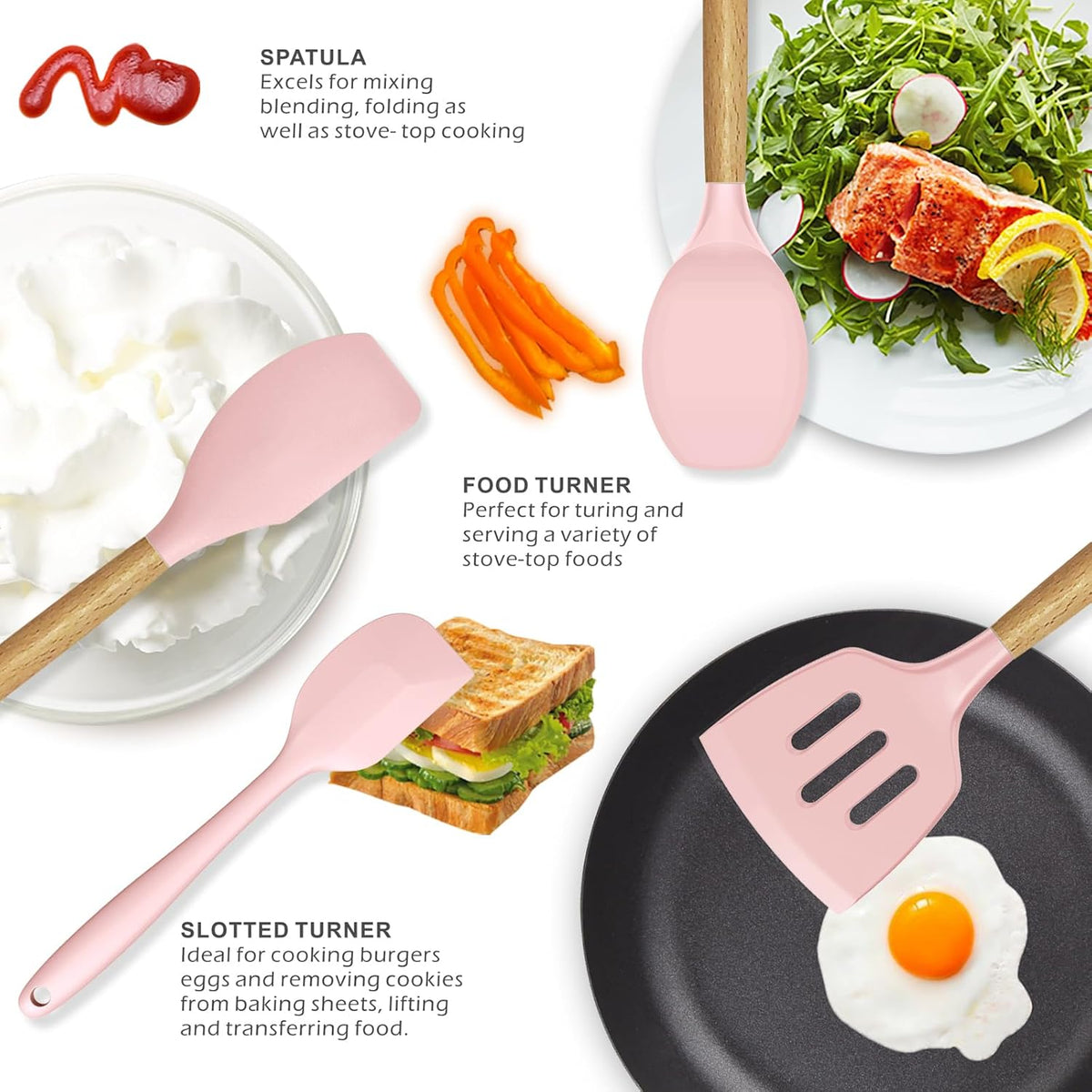 Silicone Kitchen Utensils Set - 446°F Heat Resistant Cooking Utensil Sets, Spatula,Turner,Tongs,Spoon,Whisk, Wooden Handle Silicone Kitchen Gadgets Tools for Non-Stick Cookware BPA Free (Pink)