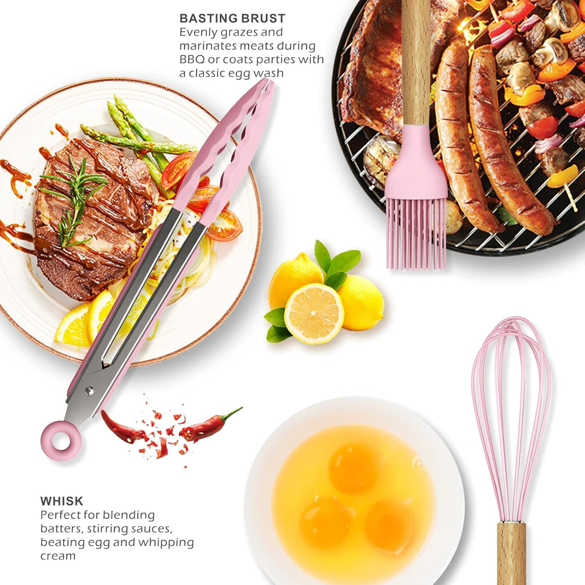 Silicone Kitchen Utensils Set - 446°F Heat Resistant Cooking Utensil Sets, Spatula,Turner,Tongs,Spoon,Whisk, Wooden Handle Silicone Kitchen Gadgets Tools for Non-Stick Cookware BPA Free (Pink)