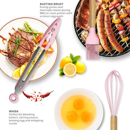 Silicone Kitchen Utensils Set - 446°F Heat Resistant Cooking Utensil Sets, Spatula,Turner,Tongs,Spoon,Whisk, Wooden Handle Silicone Kitchen Gadgets Tools for Non-Stick Cookware BPA Free (Pink)