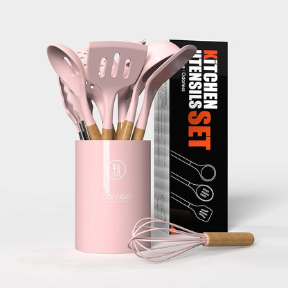 Silicone Kitchen Utensils Set - 446°F Heat Resistant Cooking Utensil Sets, Spatula,Turner,Tongs,Spoon,Whisk, Wooden Handle Silicone Kitchen Gadgets Tools for Non-Stick Cookware BPA Free (Pink)