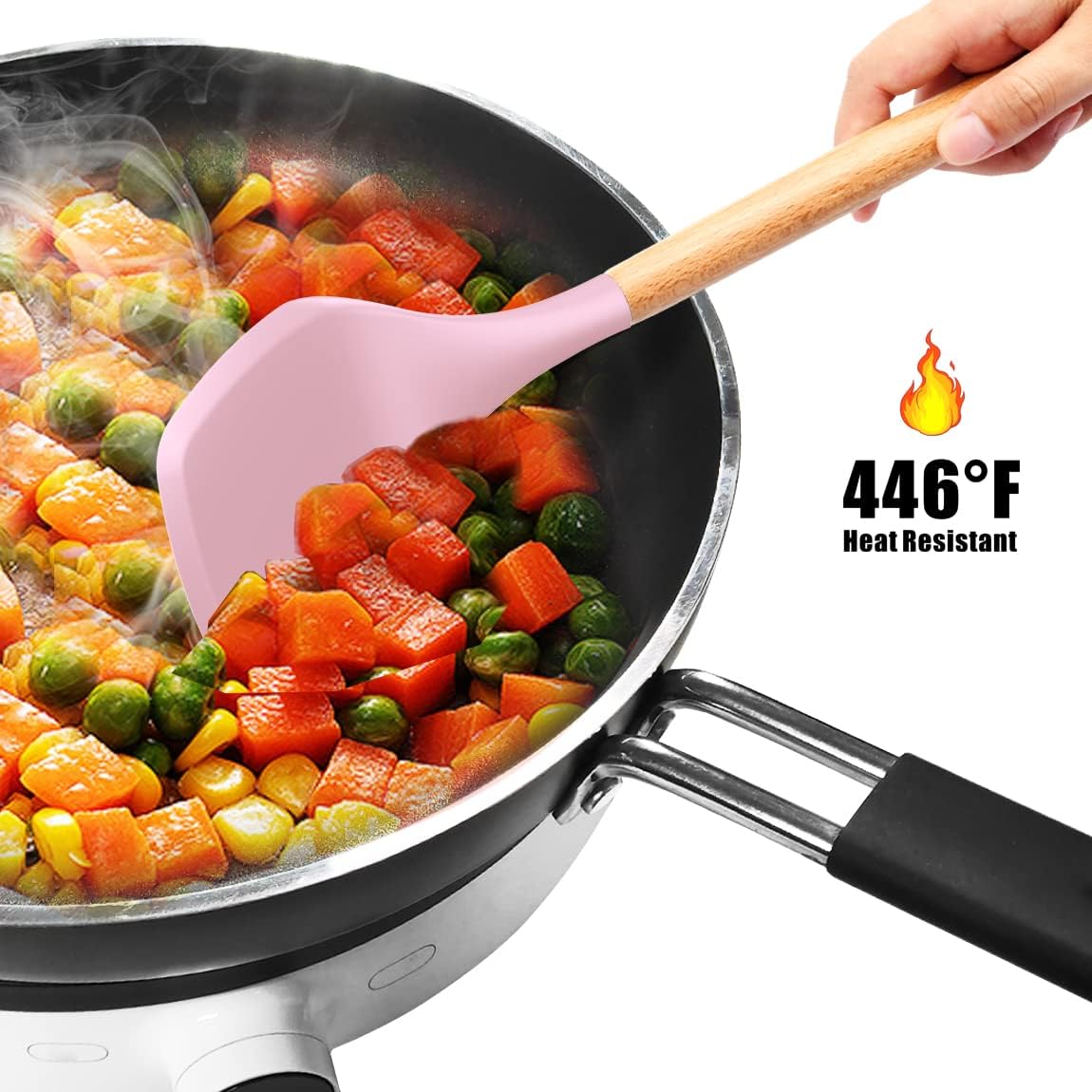 Silicone Kitchen Utensils Set - 446°F Heat Resistant Cooking Utensil Sets, Spatula,Turner,Tongs,Spoon,Whisk, Wooden Handle Silicone Kitchen Gadgets Tools for Non-Stick Cookware BPA Free (Pink)