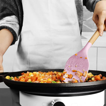 Silicone Kitchen Utensils Set - 446°F Heat Resistant Cooking Utensil Sets, Spatula,Turner,Tongs,Spoon,Whisk, Wooden Handle Silicone Kitchen Gadgets Tools for Non-Stick Cookware BPA Free (Pink)