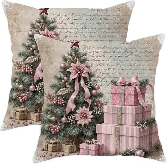 Christmas Tree Throw Pillow Covers Set of 2, Festive Vintage Presents Peach Ribbon Christmas Peach Soft Velvet Washable Pattern Pillow Covers for Living Room Bed Office Sofa Chair Decor 12x12 Inch