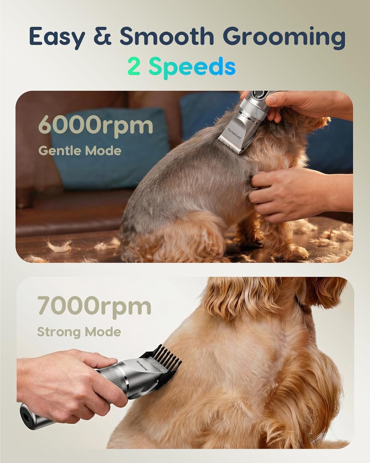 Dog Clippers Low Noise, 2-Speed Quiet Dog Grooming Clippers Kit Cordless Rechargeable Pet Shaver Hair Clippers Trimmer for Small & Large Dogs,Cats and Animals（Grey）