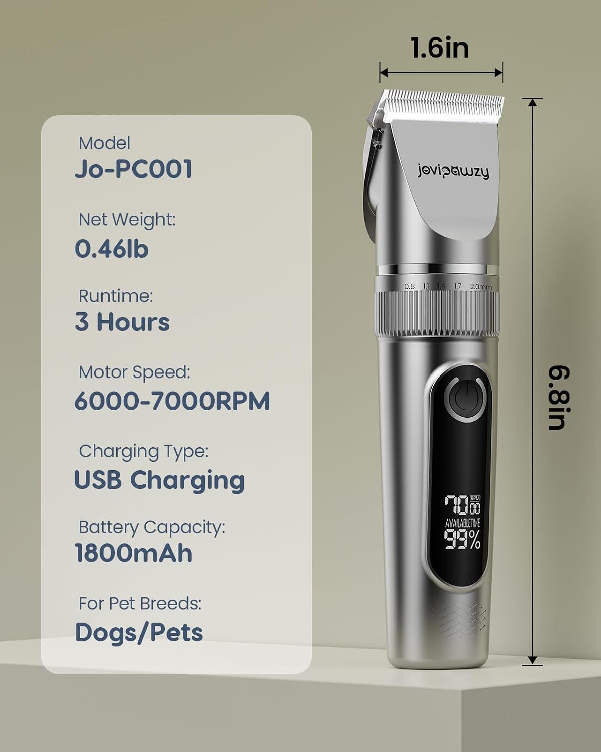 Dog Clippers Low Noise, 2-Speed Quiet Dog Grooming Clippers Kit Cordless Rechargeable Pet Shaver Hair Clippers Trimmer for Small & Large Dogs,Cats and Animals（Grey）
