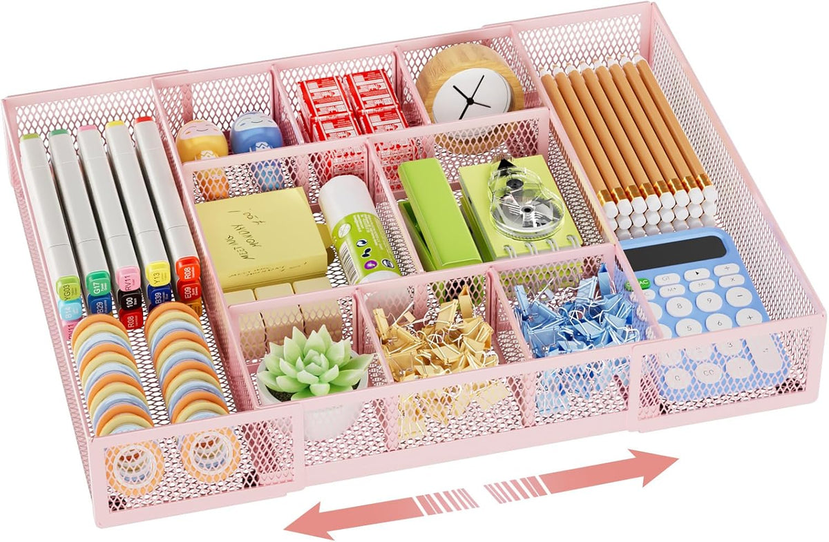 Expandable Desk Drawer Organizer, Mesh Tray with 10 Adjustable Compartments, Desk Organizers for Office Supplies, Makeup & Vanity (Expandable-Pink)
