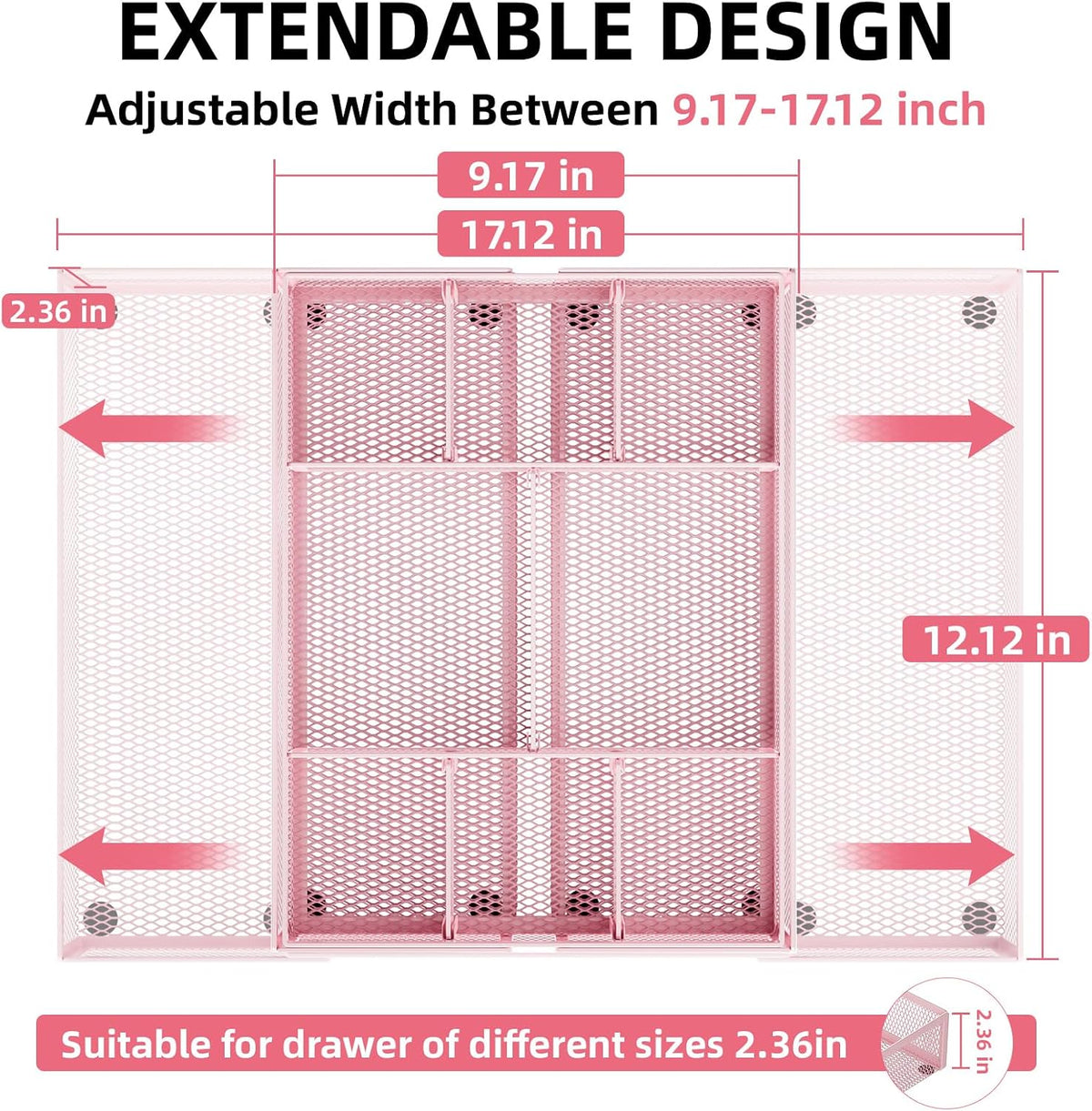Expandable Desk Drawer Organizer, Mesh Tray with 10 Adjustable Compartments, Desk Organizers for Office Supplies, Makeup & Vanity (Expandable-Pink)