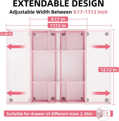 Expandable Desk Drawer Organizer, Mesh Tray with 10 Adjustable Compartments, Desk Organizers for Office Supplies, Makeup & Vanity (Expandable-Pink)