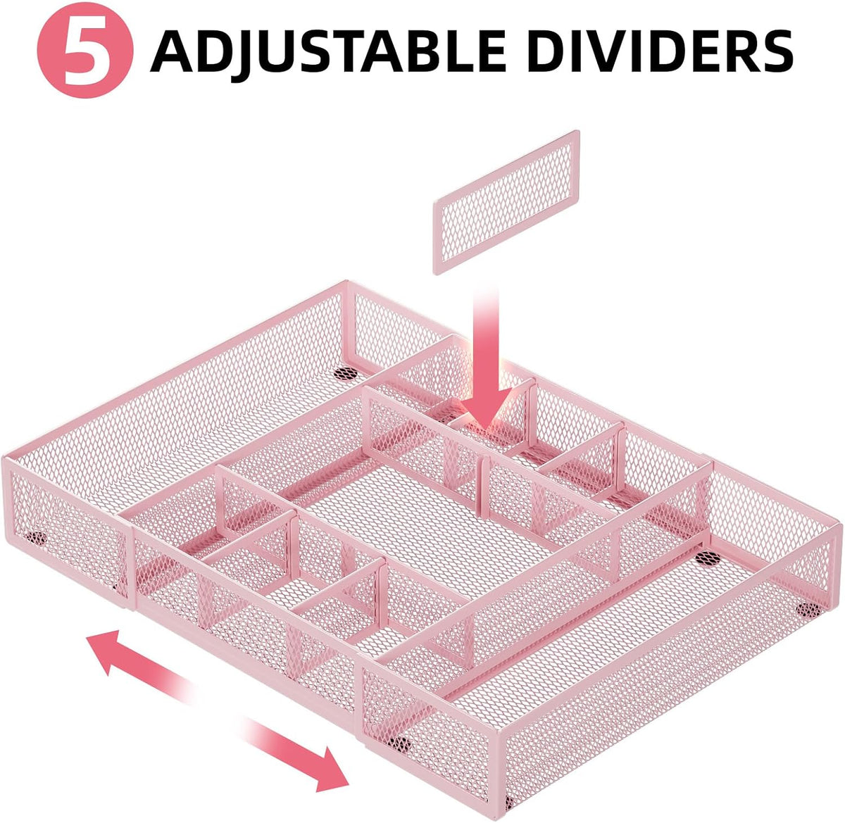 Expandable Desk Drawer Organizer, Mesh Tray with 10 Adjustable Compartments, Desk Organizers for Office Supplies, Makeup & Vanity (Expandable-Pink)