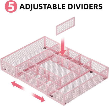 Expandable Desk Drawer Organizer, Mesh Tray with 10 Adjustable Compartments, Desk Organizers for Office Supplies, Makeup & Vanity (Expandable-Pink)