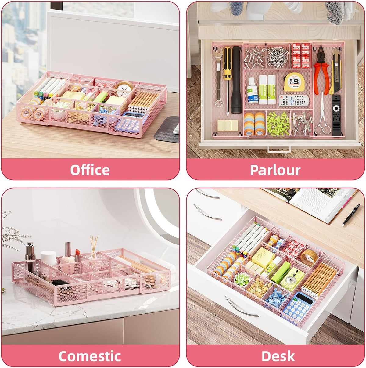 Expandable Desk Drawer Organizer, Mesh Tray with 10 Adjustable Compartments, Desk Organizers for Office Supplies, Makeup & Vanity (Expandable-Pink)