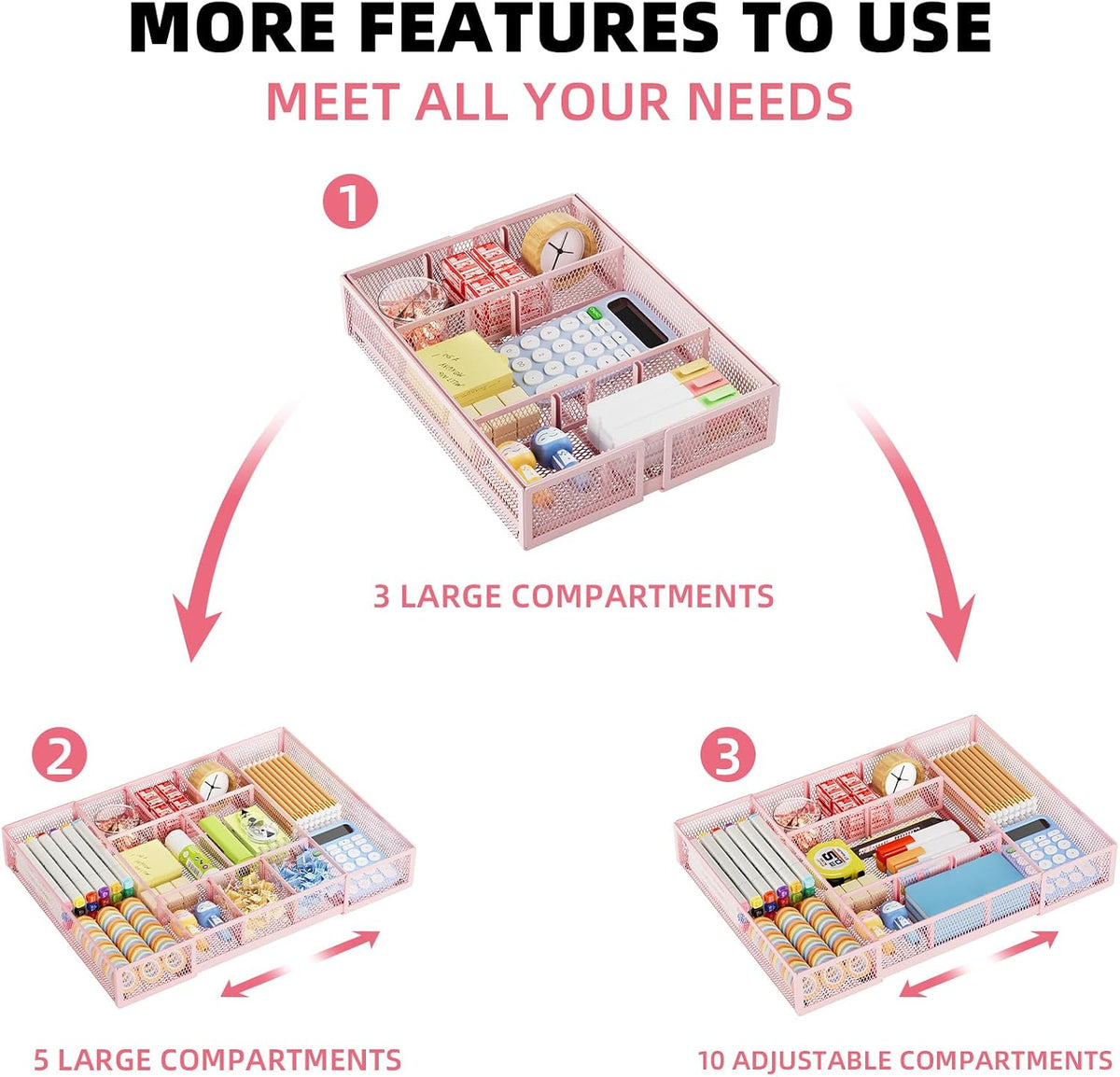 Expandable Desk Drawer Organizer, Mesh Tray with 10 Adjustable Compartments, Desk Organizers for Office Supplies, Makeup & Vanity (Expandable-Pink)