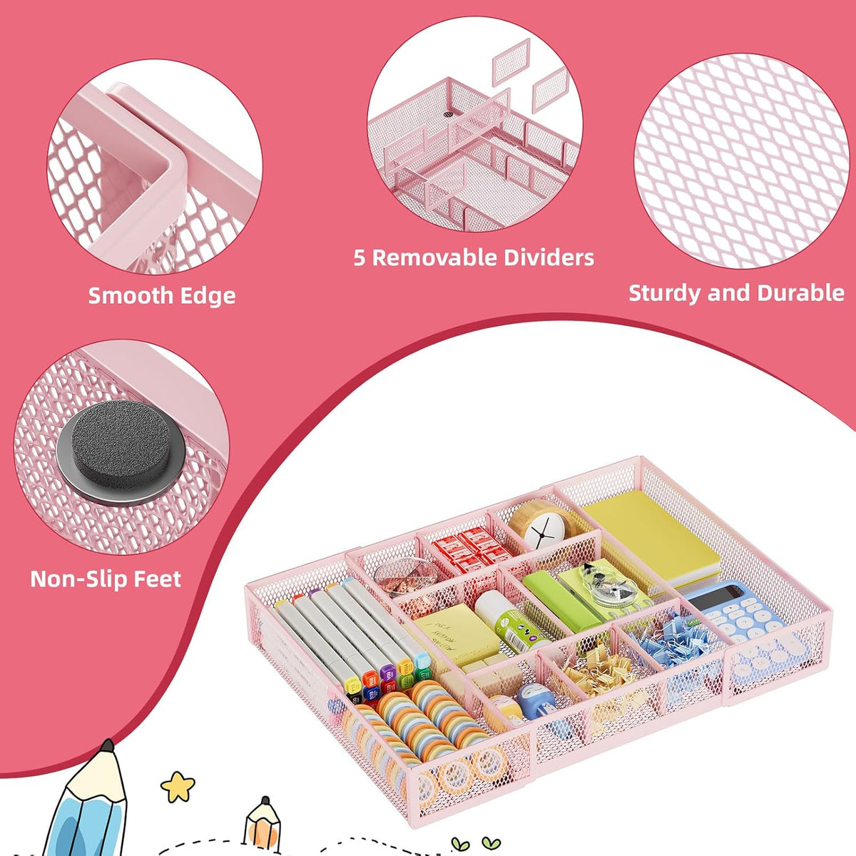 Expandable Desk Drawer Organizer, Mesh Tray with 10 Adjustable Compartments, Desk Organizers for Office Supplies, Makeup & Vanity (Expandable-Pink)