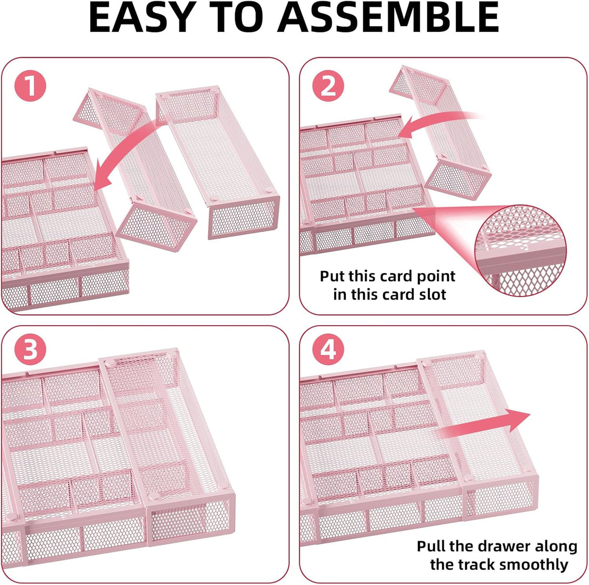 Expandable Desk Drawer Organizer, Mesh Tray with 10 Adjustable Compartments, Desk Organizers for Office Supplies, Makeup & Vanity (Expandable-Pink)