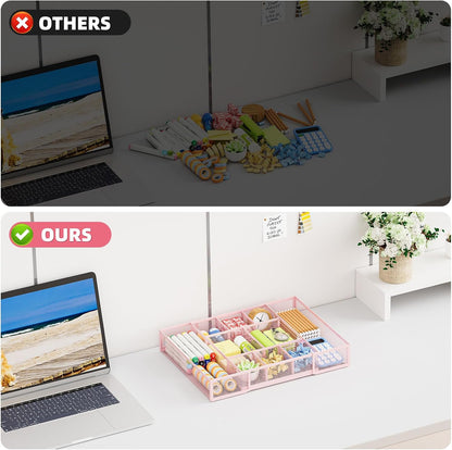 Expandable Desk Drawer Organizer, Mesh Tray with 10 Adjustable Compartments, Desk Organizers for Office Supplies, Makeup & Vanity (Expandable-Pink)