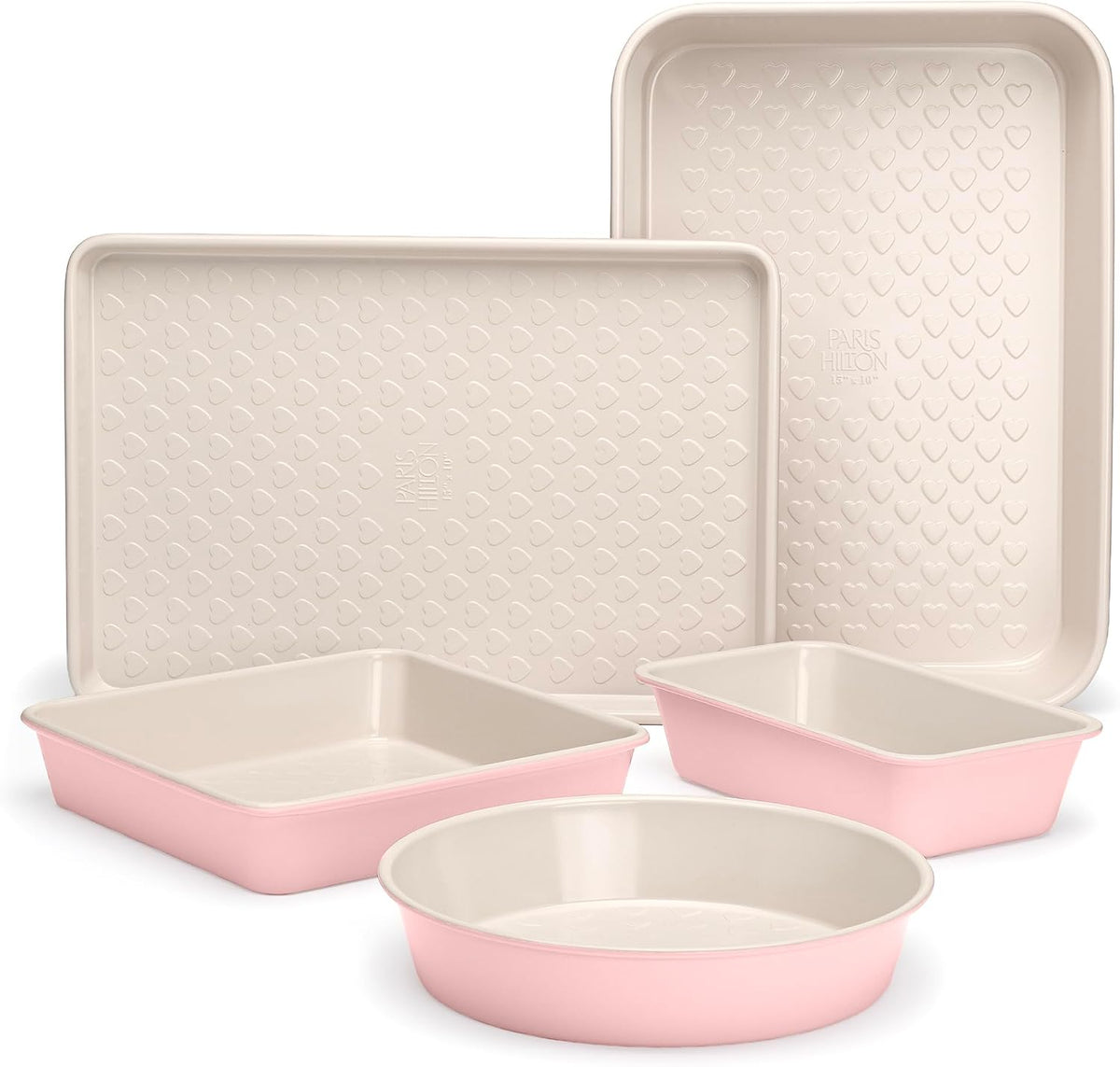 Paris Hilton 5-Piece Baking Pans Set, Nonstick Heart Pattern Bakeware Set with Heavy Duty Carbon Steel, Includes Square Pan, Round Pan, Loaf Pan, Roasting Pan & Cookie Sheet, 5-Piece, Pink