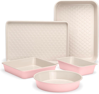 Paris Hilton 5-Piece Baking Pans Set, Nonstick Heart Pattern Bakeware Set with Heavy Duty Carbon Steel, Includes Square Pan, Round Pan, Loaf Pan, Roasting Pan & Cookie Sheet, 5-Piece, Pink