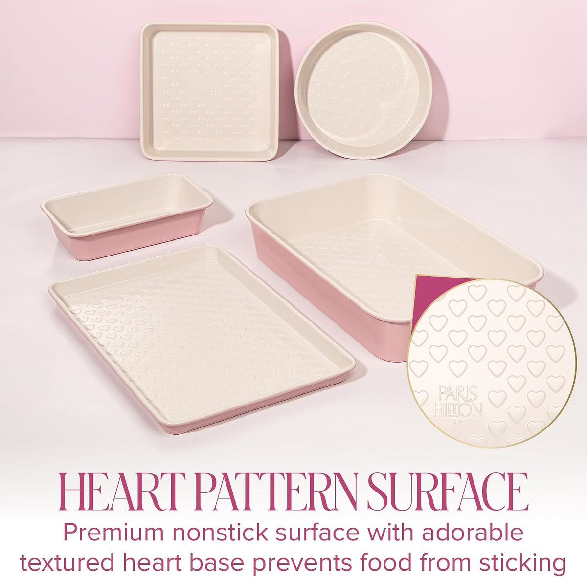 Paris Hilton 5-Piece Baking Pans Set, Nonstick Heart Pattern Bakeware Set with Heavy Duty Carbon Steel, Includes Square Pan, Round Pan, Loaf Pan, Roasting Pan & Cookie Sheet, 5-Piece, Pink