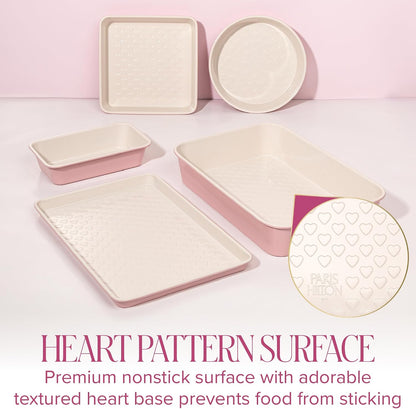Paris Hilton 5-Piece Baking Pans Set, Nonstick Heart Pattern Bakeware Set with Heavy Duty Carbon Steel, Includes Square Pan, Round Pan, Loaf Pan, Roasting Pan & Cookie Sheet, 5-Piece, Pink