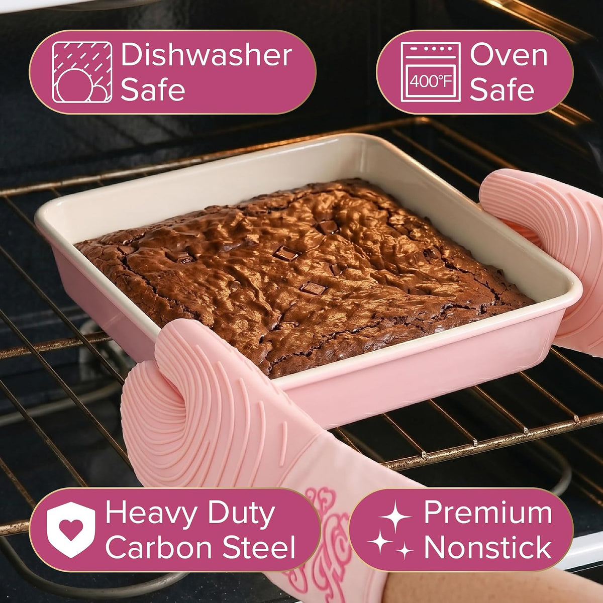 Paris Hilton 5-Piece Baking Pans Set, Nonstick Heart Pattern Bakeware Set with Heavy Duty Carbon Steel, Includes Square Pan, Round Pan, Loaf Pan, Roasting Pan & Cookie Sheet, 5-Piece, Pink