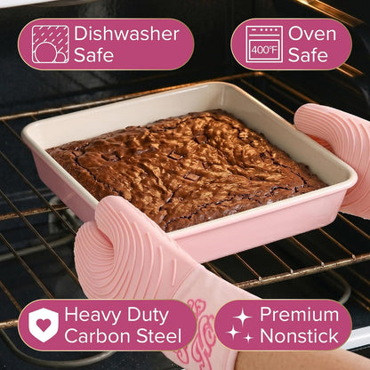 Paris Hilton 5-Piece Baking Pans Set, Nonstick Heart Pattern Bakeware Set with Heavy Duty Carbon Steel, Includes Square Pan, Round Pan, Loaf Pan, Roasting Pan & Cookie Sheet, 5-Piece, Pink