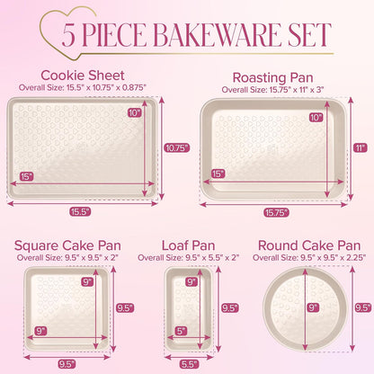 Paris Hilton 5-Piece Baking Pans Set, Nonstick Heart Pattern Bakeware Set with Heavy Duty Carbon Steel, Includes Square Pan, Round Pan, Loaf Pan, Roasting Pan & Cookie Sheet, 5-Piece, Pink