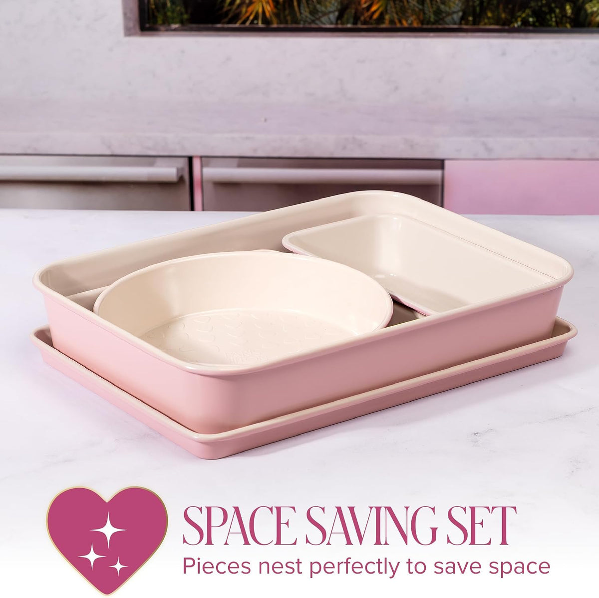 Paris Hilton 5-Piece Baking Pans Set, Nonstick Heart Pattern Bakeware Set with Heavy Duty Carbon Steel, Includes Square Pan, Round Pan, Loaf Pan, Roasting Pan & Cookie Sheet, 5-Piece, Pink