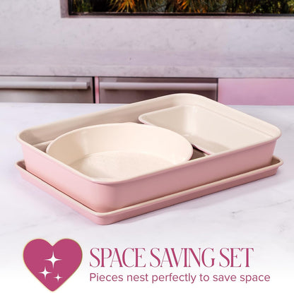 Paris Hilton 5-Piece Baking Pans Set, Nonstick Heart Pattern Bakeware Set with Heavy Duty Carbon Steel, Includes Square Pan, Round Pan, Loaf Pan, Roasting Pan & Cookie Sheet, 5-Piece, Pink