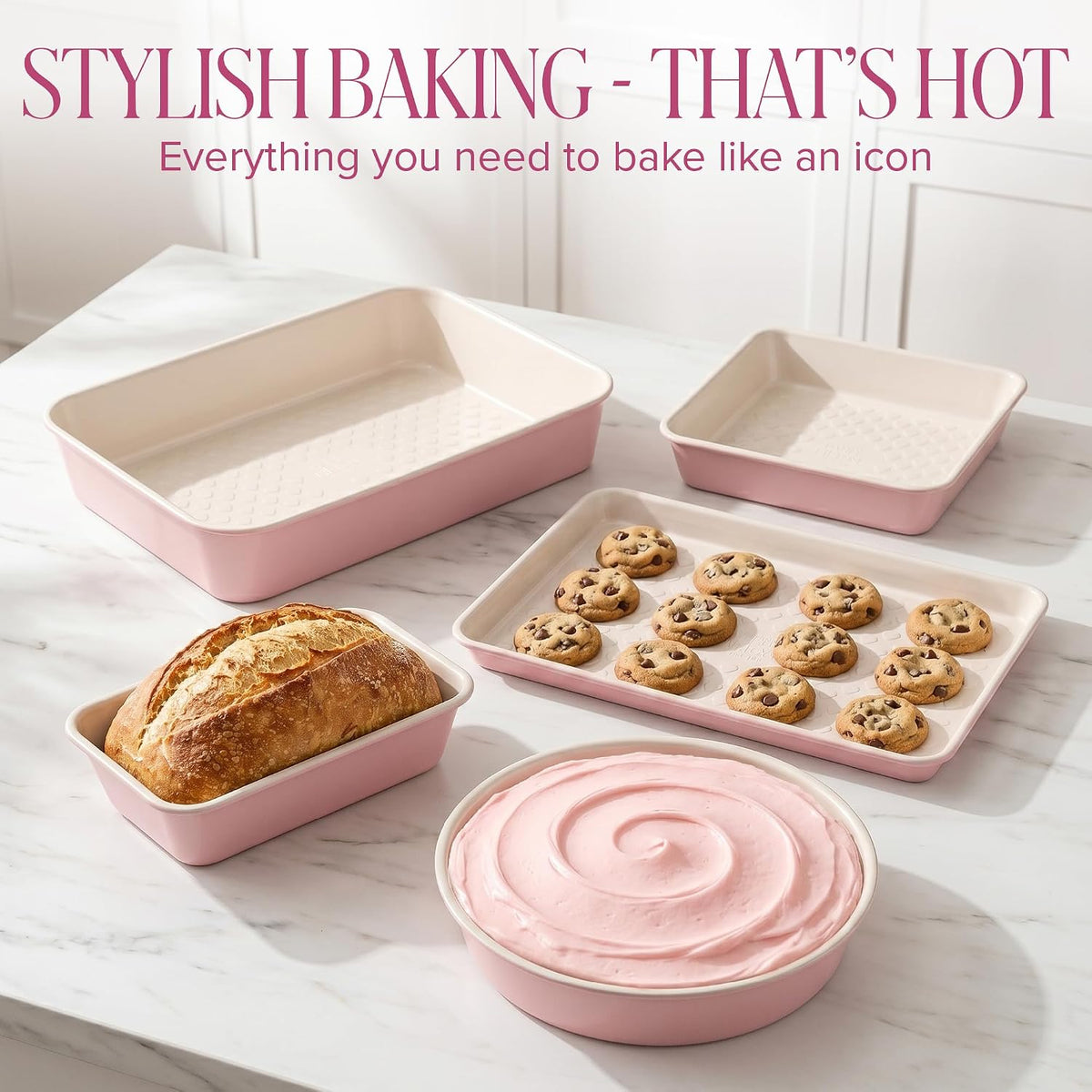Paris Hilton 5-Piece Baking Pans Set, Nonstick Heart Pattern Bakeware Set with Heavy Duty Carbon Steel, Includes Square Pan, Round Pan, Loaf Pan, Roasting Pan & Cookie Sheet, 5-Piece, Pink