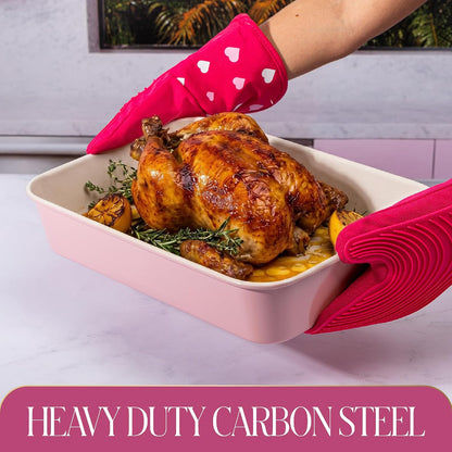 Paris Hilton 5-Piece Baking Pans Set, Nonstick Heart Pattern Bakeware Set with Heavy Duty Carbon Steel, Includes Square Pan, Round Pan, Loaf Pan, Roasting Pan & Cookie Sheet, 5-Piece, Pink