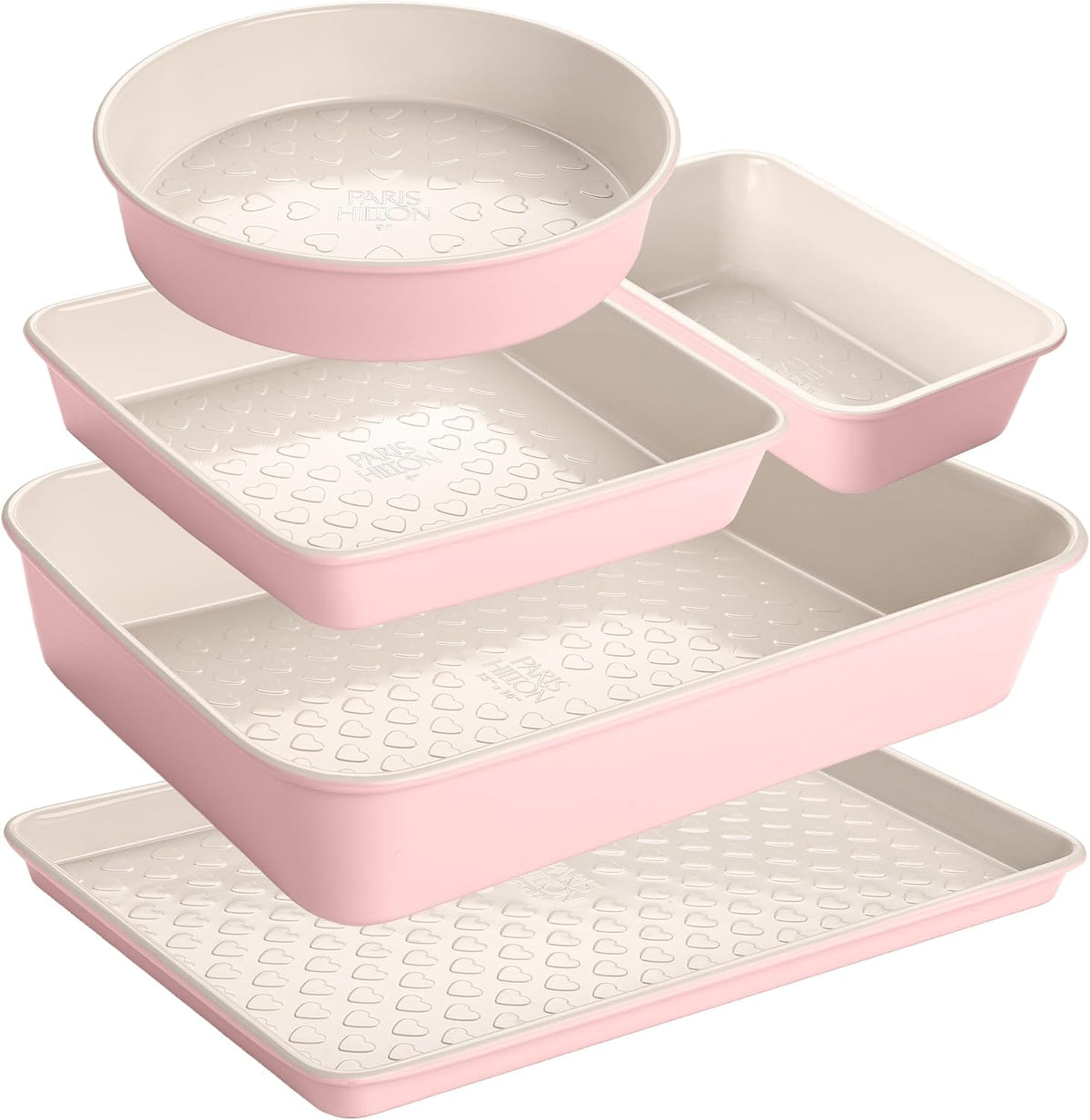 Paris Hilton 5-Piece Baking Pans Set, Nonstick Heart Pattern Bakeware Set with Heavy Duty Carbon Steel, Includes Square Pan, Round Pan, Loaf Pan, Roasting Pan & Cookie Sheet, 5-Piece, Pink