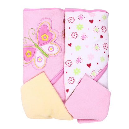 2 Hooded Towel 2 Washcloths Set, Pink Butterfly
