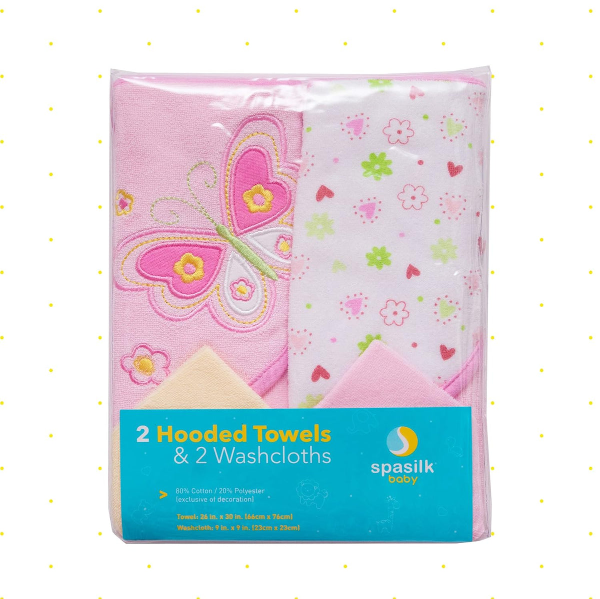 2 Hooded Towel 2 Washcloths Set, Pink Butterfly