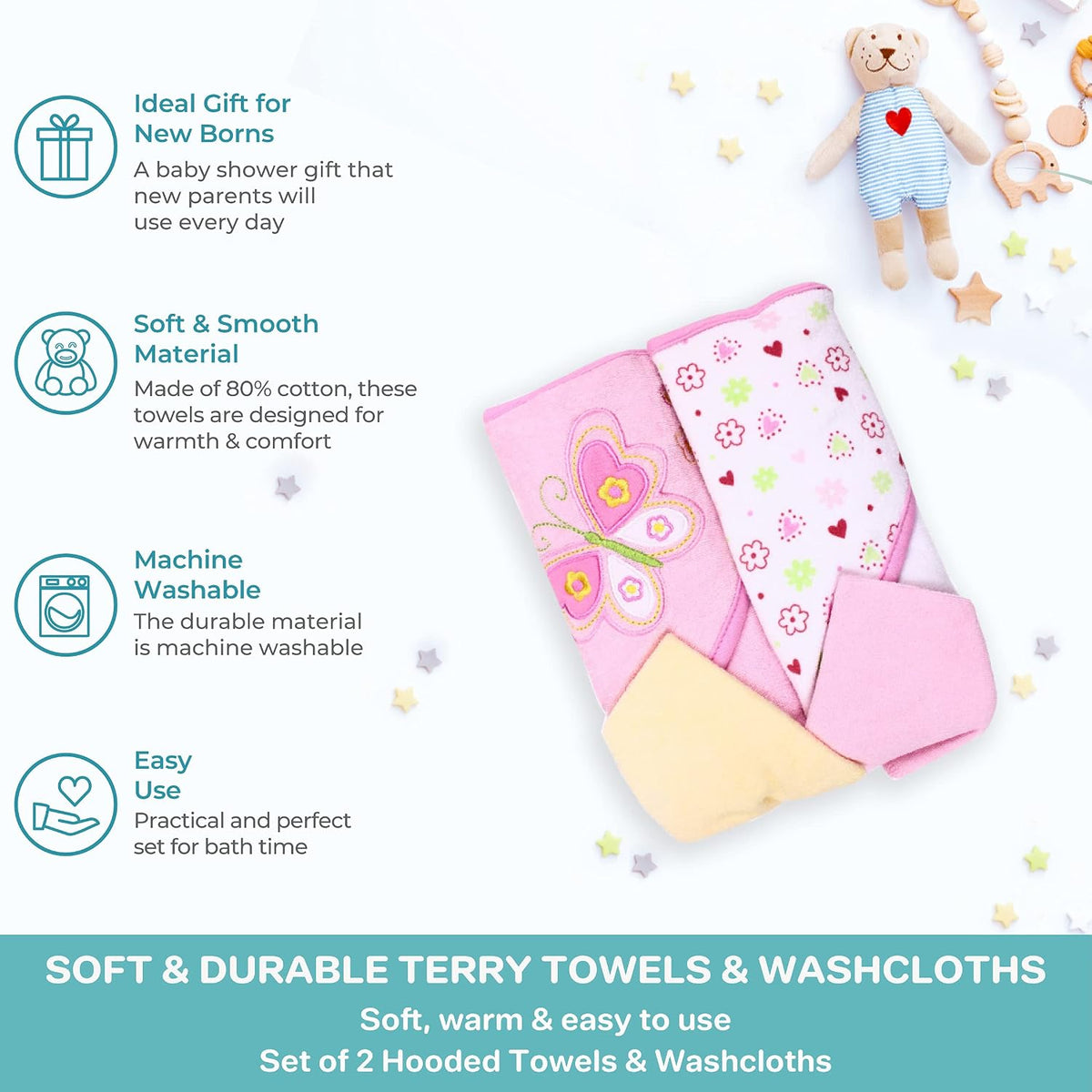 2 Hooded Towel 2 Washcloths Set, Pink Butterfly