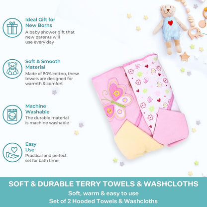 2 Hooded Towel 2 Washcloths Set, Pink Butterfly