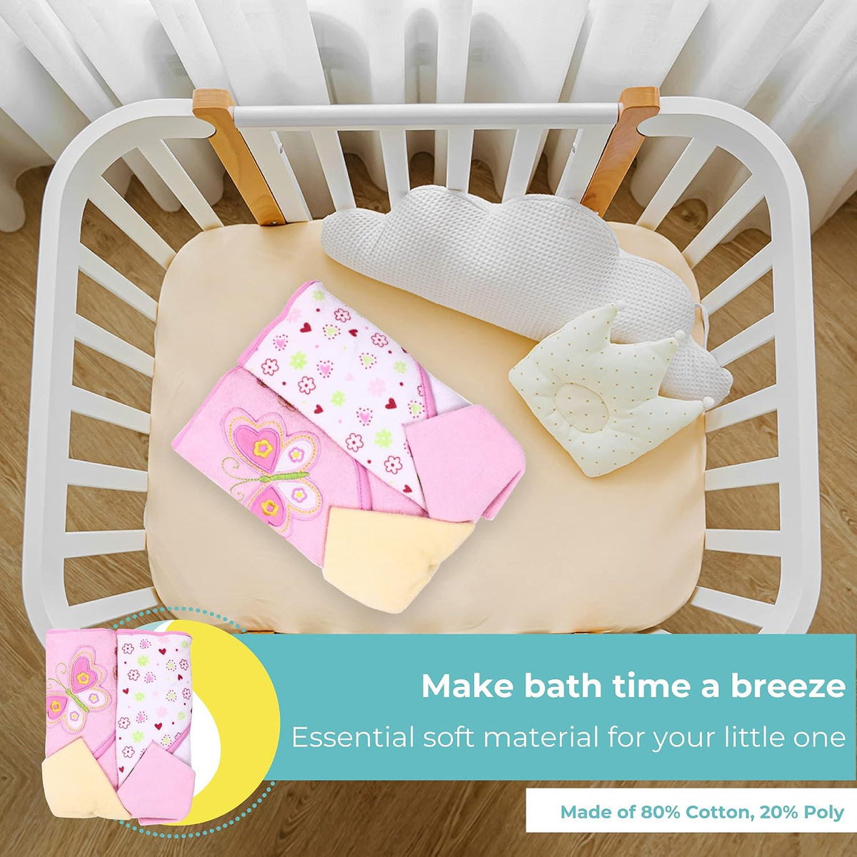 2 Hooded Towel 2 Washcloths Set, Pink Butterfly