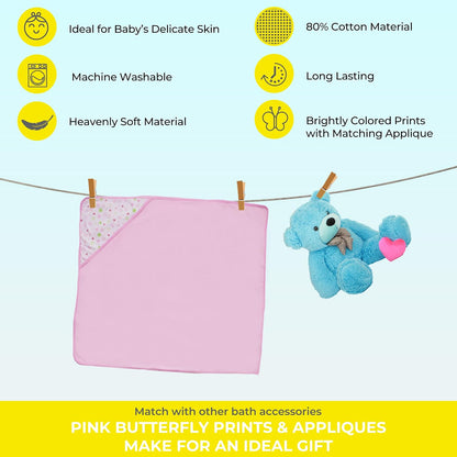 2 Hooded Towel 2 Washcloths Set, Pink Butterfly