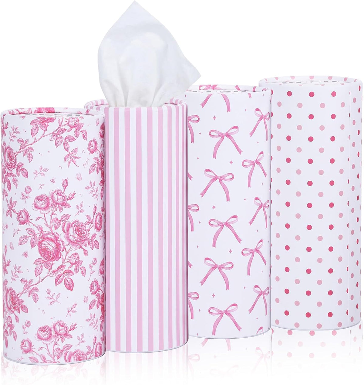200 Sheets Car Tissues with 4 Pack Floral Bow Design Cylinder Holder Round Portable Travel Tubes Box Container Tissue for Car Cup Holders Home Bathroom Office