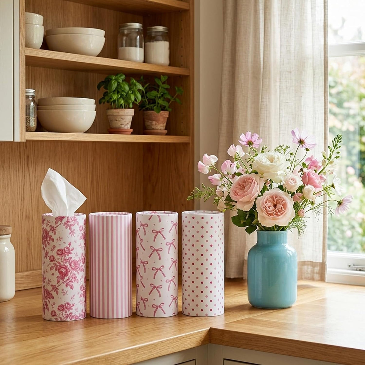 200 Sheets Car Tissues with 4 Pack Floral Bow Design Cylinder Holder Round Portable Travel Tubes Box Container Tissue for Car Cup Holders Home Bathroom Office