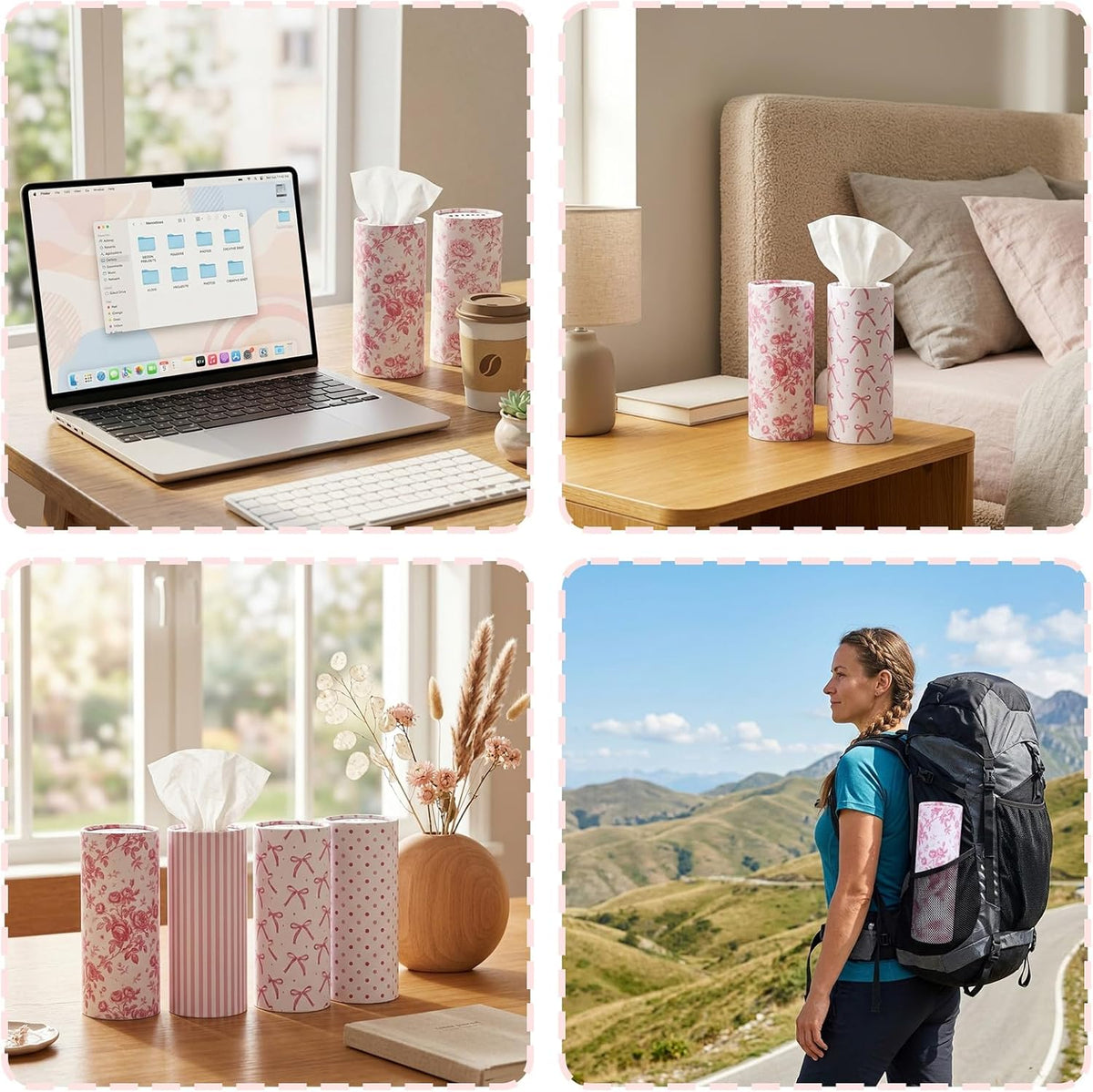 200 Sheets Car Tissues with 4 Pack Floral Bow Design Cylinder Holder Round Portable Travel Tubes Box Container Tissue for Car Cup Holders Home Bathroom Office