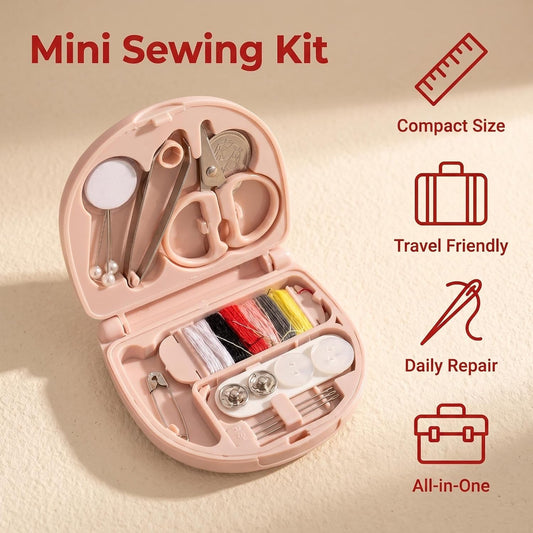 Portable 1set Mini Sewing Kit for Travel Accessories, Needle and Thread Repair for Sewing (Pink)